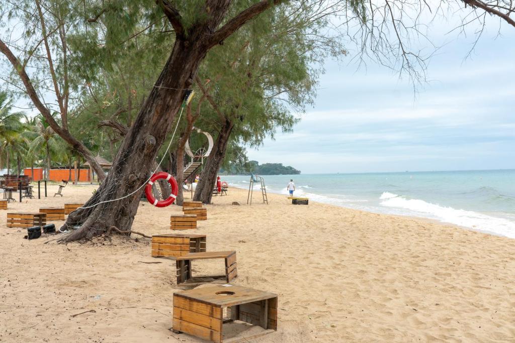 plaża z ławkami, drzewem i oceanem w obiekcie Tropical Bay Grand World Phu Quoc w Duong Dong