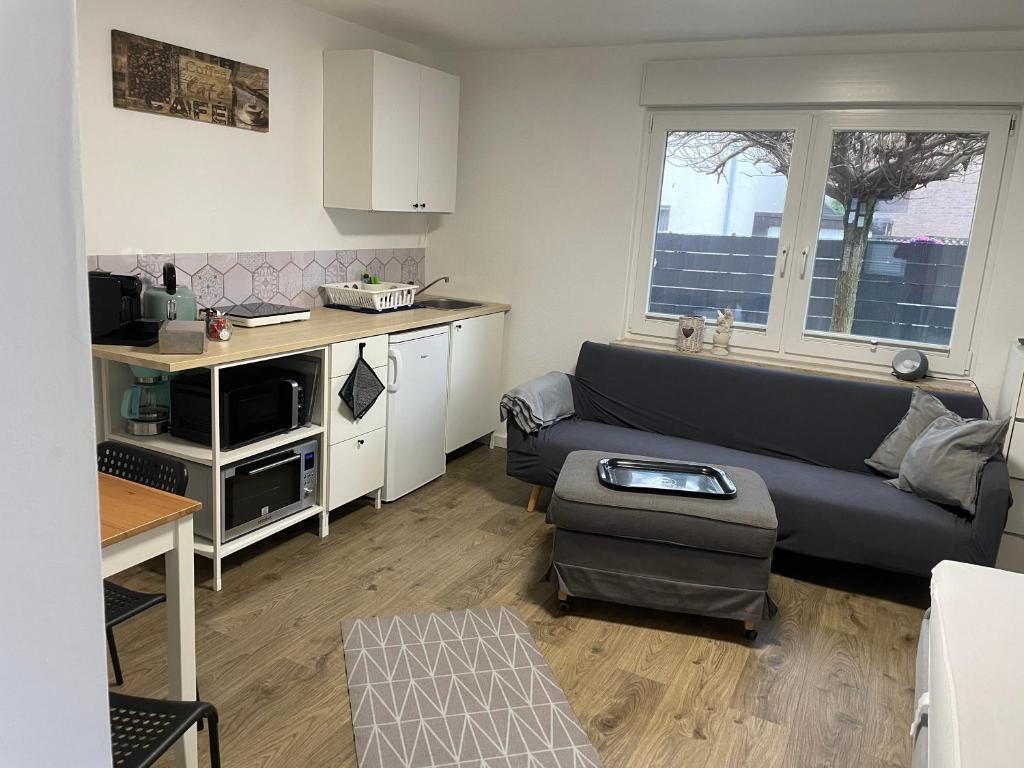 uma sala de estar com um sofá e uma cozinha em Gemütliche 1-Zimmer Wohnung mit eigenem Eingang em Wesseling