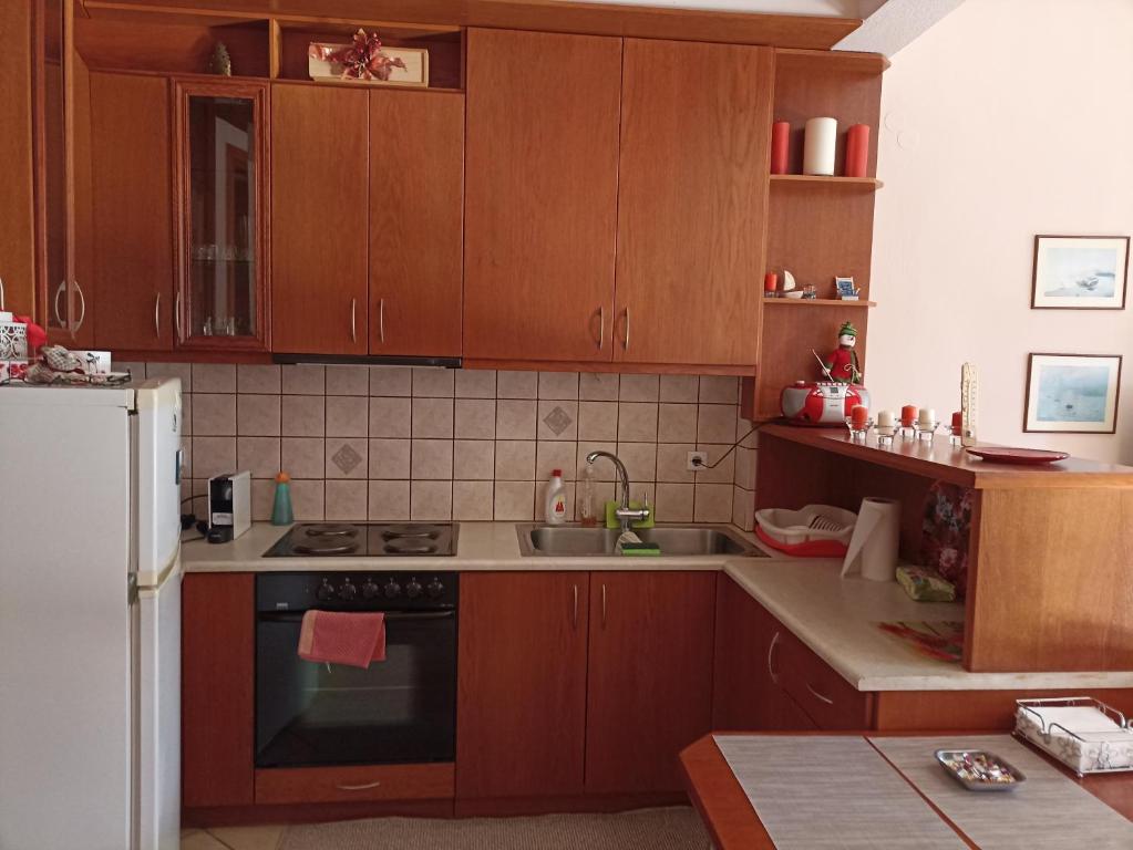La cuisine est équipée de placards en bois et d'un four avec plaques de cuisson. dans l'établissement LOUNA, à Metsovo