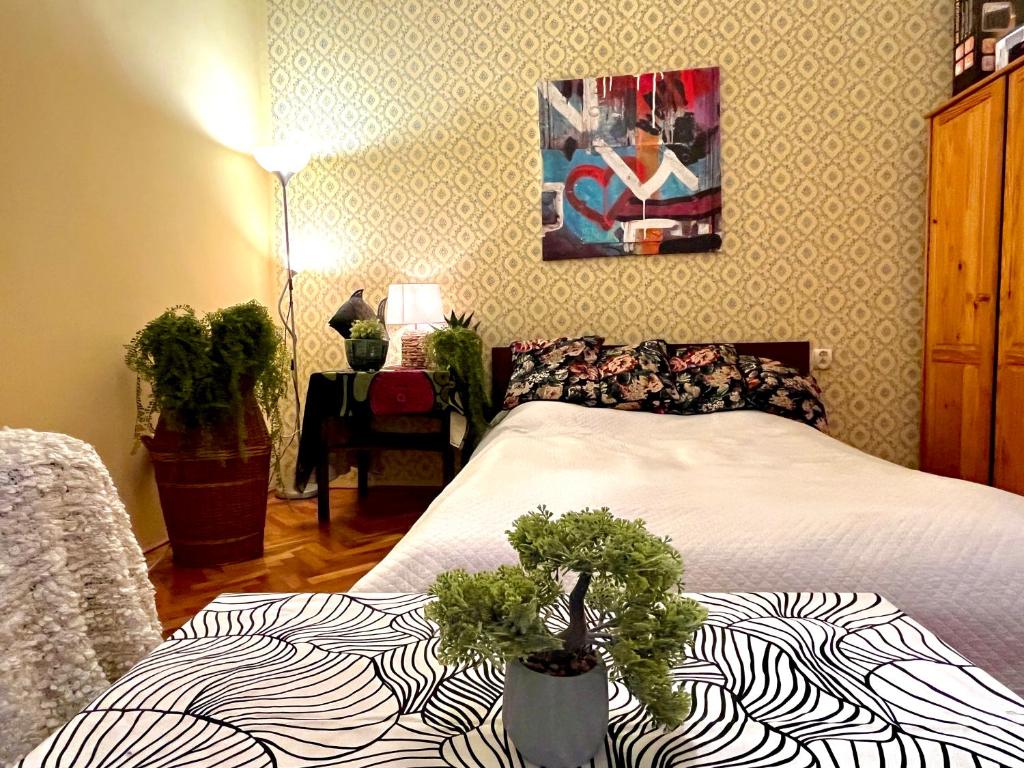 ブダペストにあるSophia Last Minute Apartmentsのベッドルーム1室(ベッド1台付)が備わります。壁には絵画が飾られています。