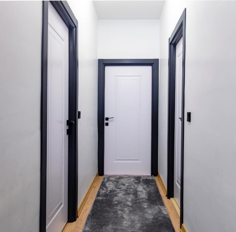 an empty corridor with two doors and a rug at Mia Mia Suites in Istanbul