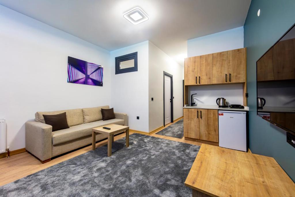 a living room with a couch and a kitchen at Mia Mia Suites in Istanbul