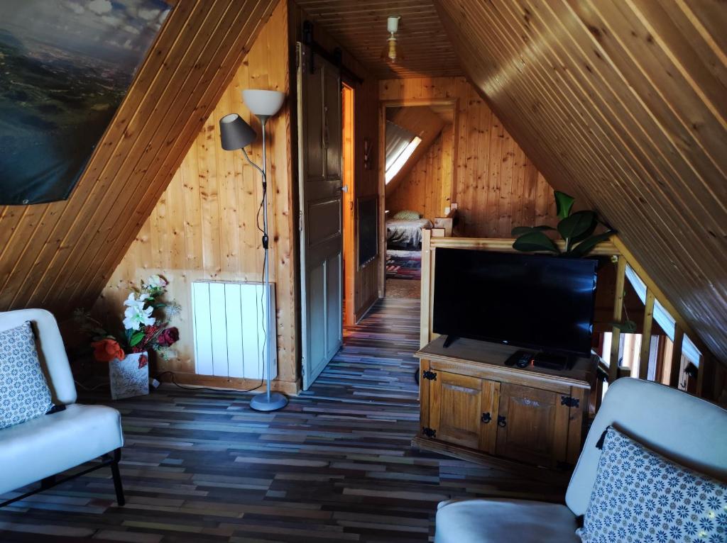 Cabaña con sala de estar con TV de pantalla plana. en Chez Philopin, en Saint-Pierre-Colamine