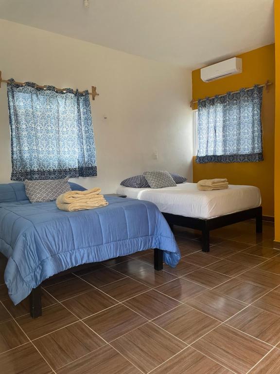 two beds in a room with blue and white at R Las chulas in Puerto Morelos