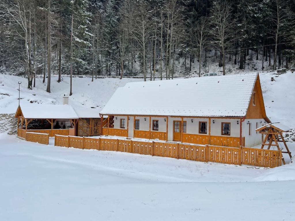 a house with a snow covered roof in the snow at LOLO Park Resort in Lacu Rosu