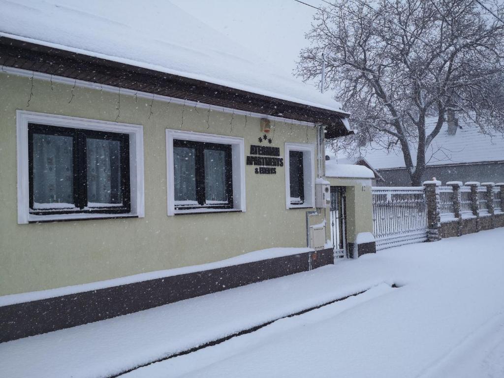 a house with snow on the ground next to a fence at Aterman Apartment's in Şinca Veche