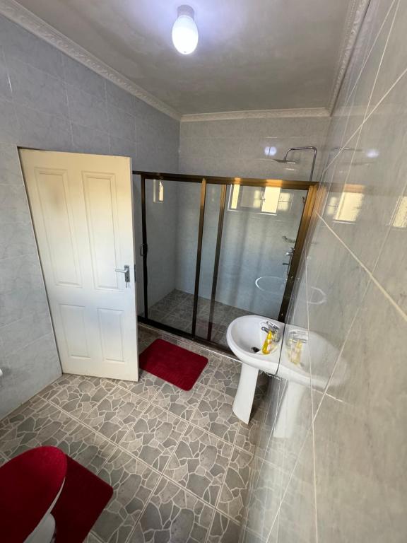 W łazience znajduje się biała umywalka i prysznic. w obiekcie Misty BnB w mieście Lilongwe
