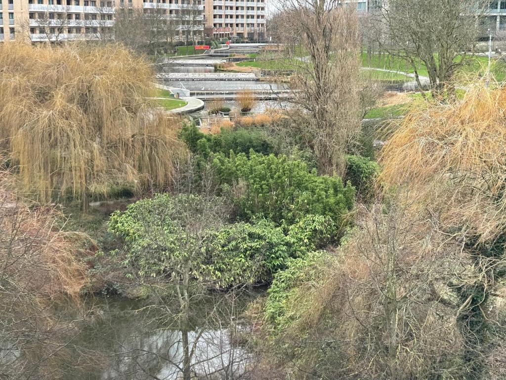 una vista aérea de un parque con árboles y agua en Executive Luxury 2 Bedroom Apartment - With underground parking, en Londres