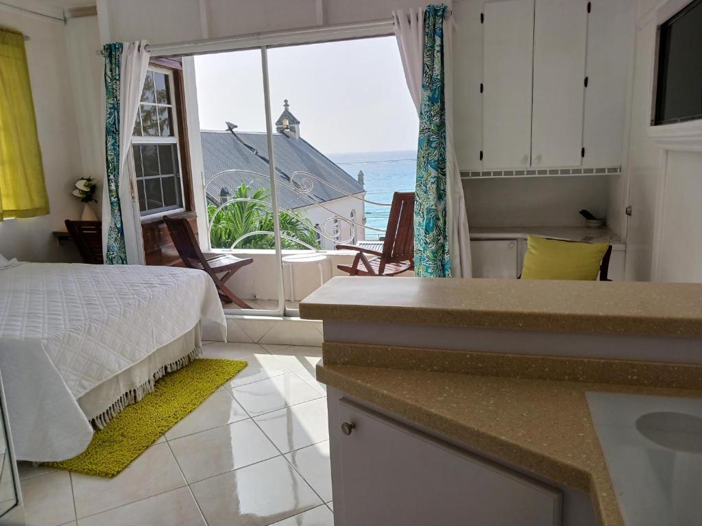 um quarto com uma cama e vista para o oceano em Coral Lane Beach Apartments em Saint James