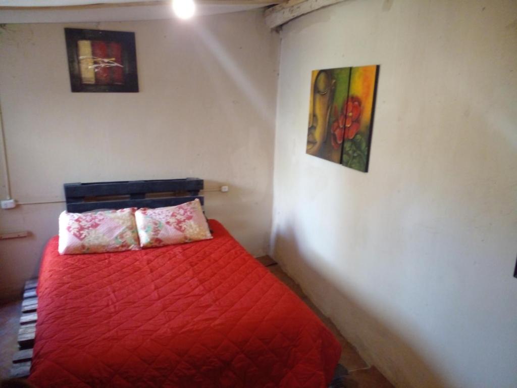 a bedroom with a red bed with paintings on the wall at NUEVA VIDA in Ciudad Lujan de Cuyo
