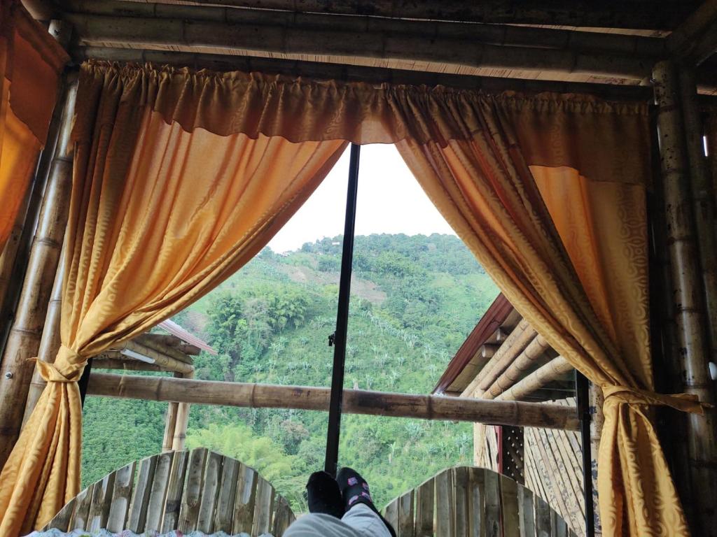 eine Person, die vor einem Fenster mit Aussicht steht in der Unterkunft La Cabaña de Bambú in Manizales