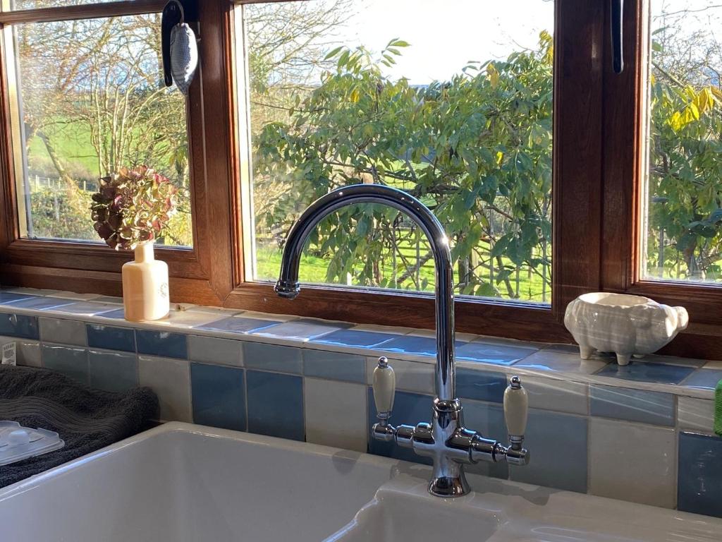 - un évier de cuisine avec un robinet en face d'une fenêtre dans l'établissement The Dovecote, à Launceston