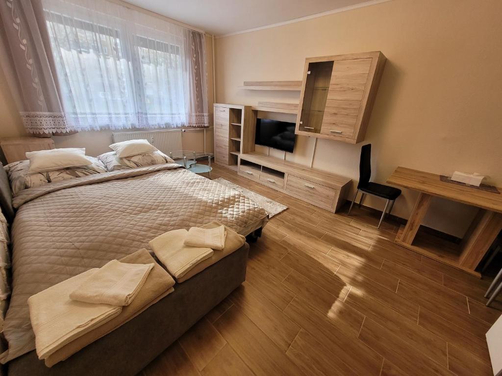 una camera con un grande letto e una televisione di Mádi Rezidencia a Budapest