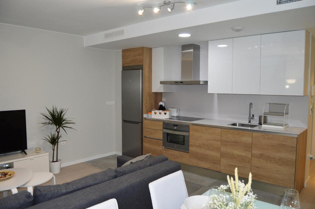 a living room with a couch and a kitchen at Apartamenticos Plaza del Pilar I in Zaragoza