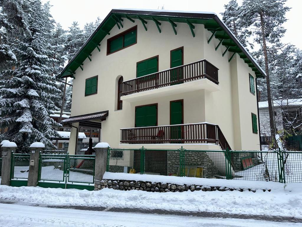 巴多尼奇亞的住宿－Villa Esclusiva a 3 Piani，一座大建筑,在雪地上设有绿色百叶窗