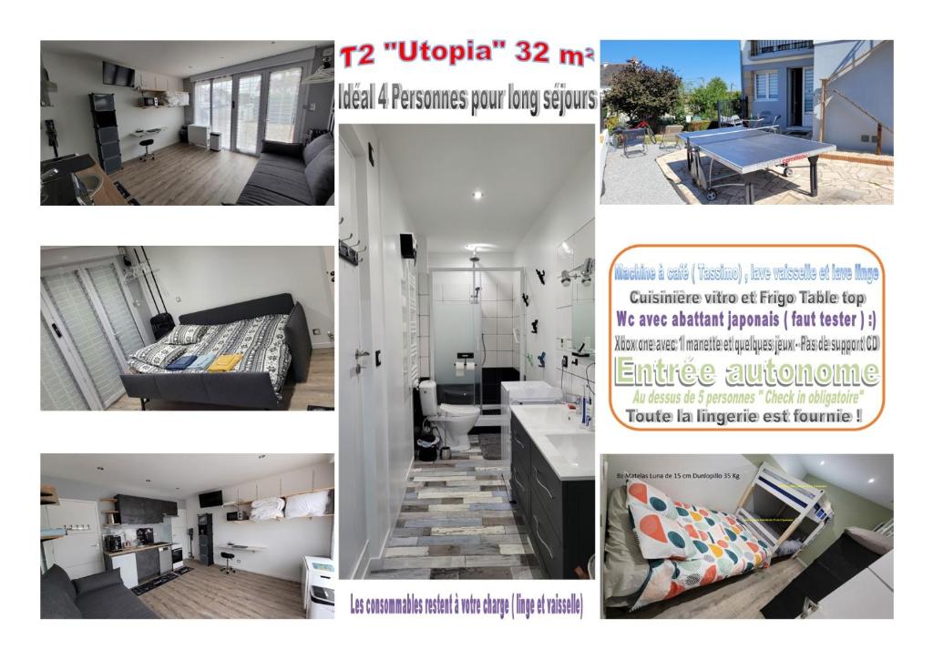 eine Collage mit Fotos von einem Wohnzimmer und einem Esszimmer in der Unterkunft Update Location in Lanester