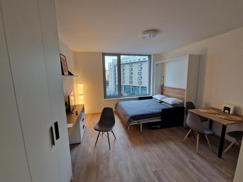 プラハにあるPrague City Center Apartmentのベッドルーム1室(ベッド1台、デスク、窓付)