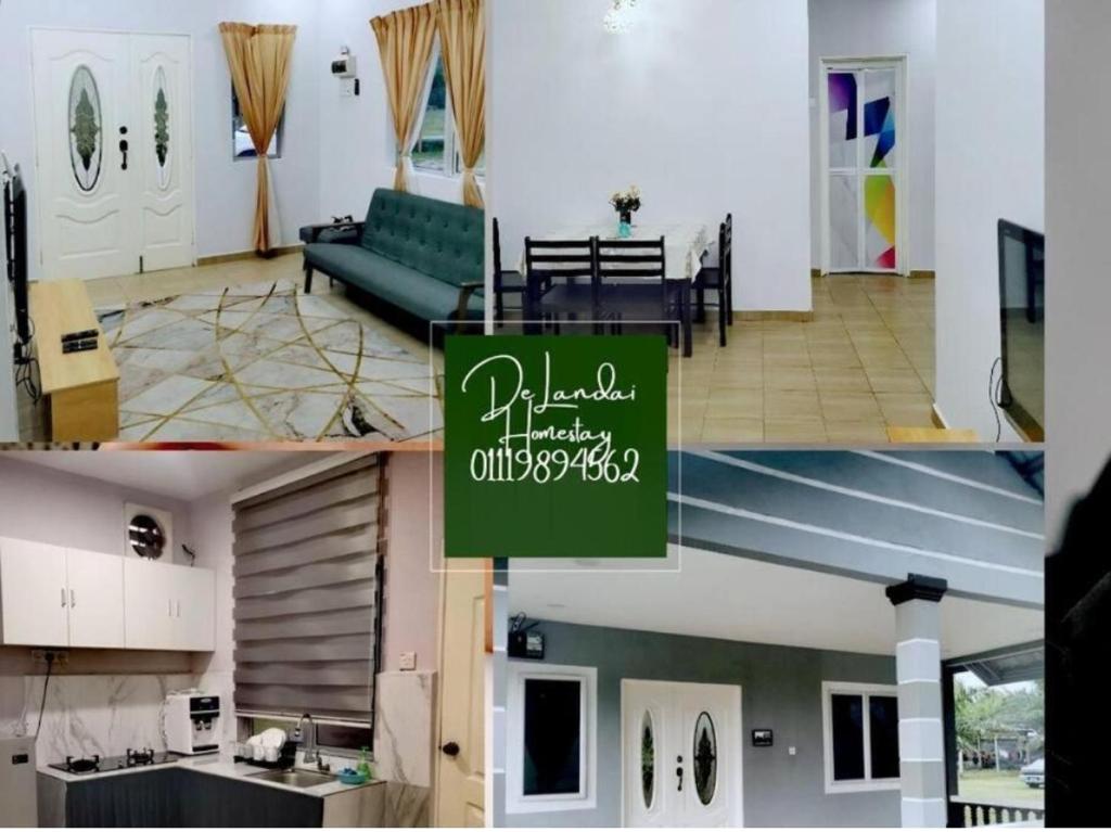2 fotos de una sala de estar con un sofá verde en D Landai Budget Room Family, en Pekan