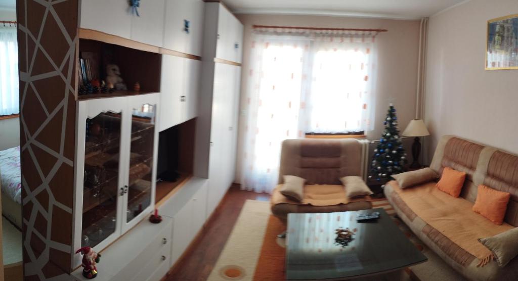 ein Wohnzimmer mit einer Couch und einem Weihnachtsbaum in der Unterkunft Apartman Maki in Pale