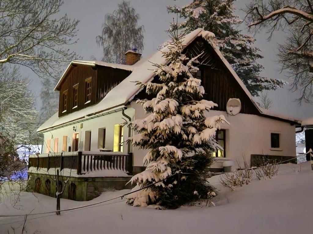 a house with a snow covered tree in front of it at Kněžice 25, chalupa v Krkonoších in Vrchlabí