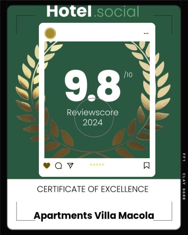 Certifikát, ocenenie alebo iný dokument vystavený v ubytovaní Apartments Villa Macola