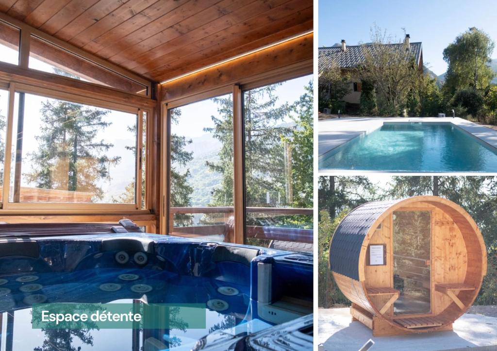 a pool house with a sauna and a tub at Laltizoard in Briançon