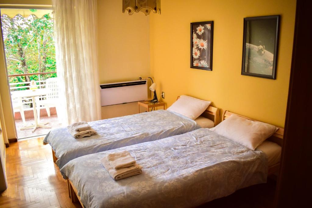 two beds in a room with yellow walls at ΕΥΕΛΗ in Edessa