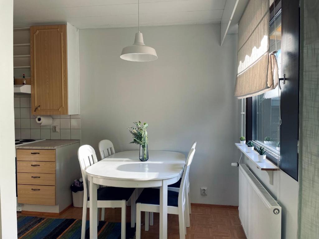 瓦爾考斯的住宿－Saunallinen rivitalokaksio Varkaudessa，小厨房配有白色的桌子和椅子