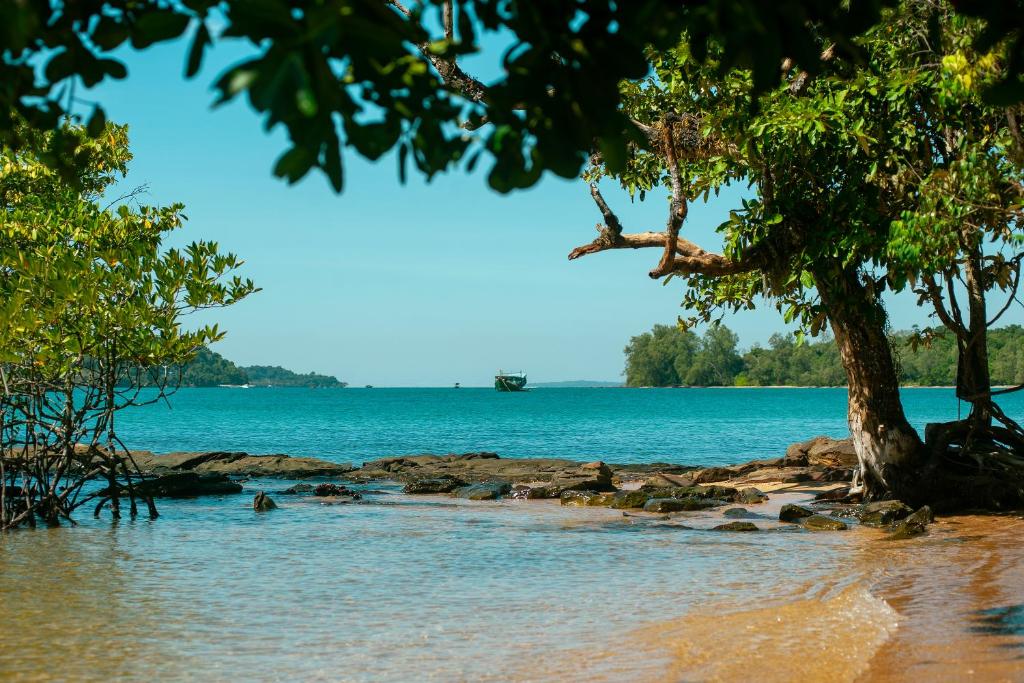 una playa con árboles, agua y árboles en Coral Bay Resort, en Isla Kaoh Ta Kiev