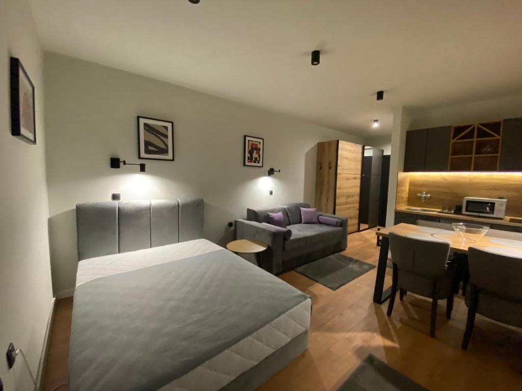 ブルゼーチェにあるKopaonik Apart Bela Reka Brzeceのベッドルーム1室(ベッド1台付)、リビングルームが備わります。