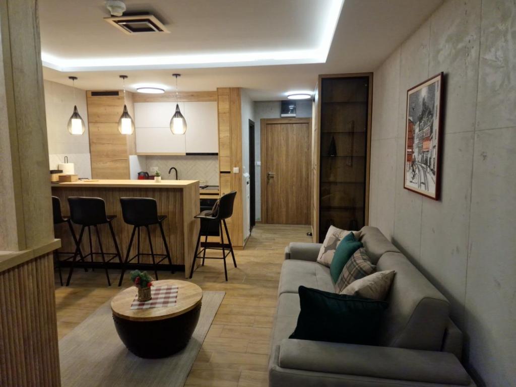 sala de estar con sofá y mesa en Apartman 318 - Sunčana Planina, en Kopaonik