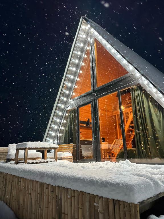 una casa con le luci sul tetto nella neve di Cozy Hills a Borjomi