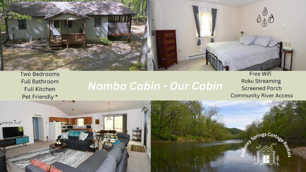 eine Collage von zwei Bildern eines Hauses mit einem Fluss in der Unterkunft Namba Cabin - Our Cabin in Morton Grove