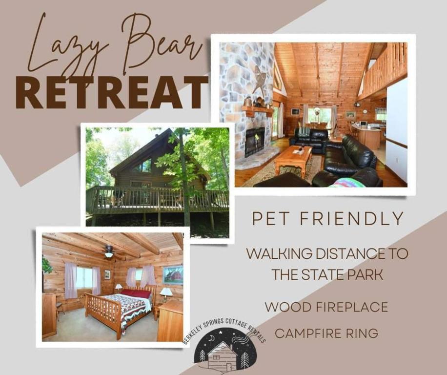 eine Collage mit Fotos von einem Wohnzimmer und einem Blockhaus in der Unterkunft Lazy Bear Retreat - Classic Cabin! in Morton Grove