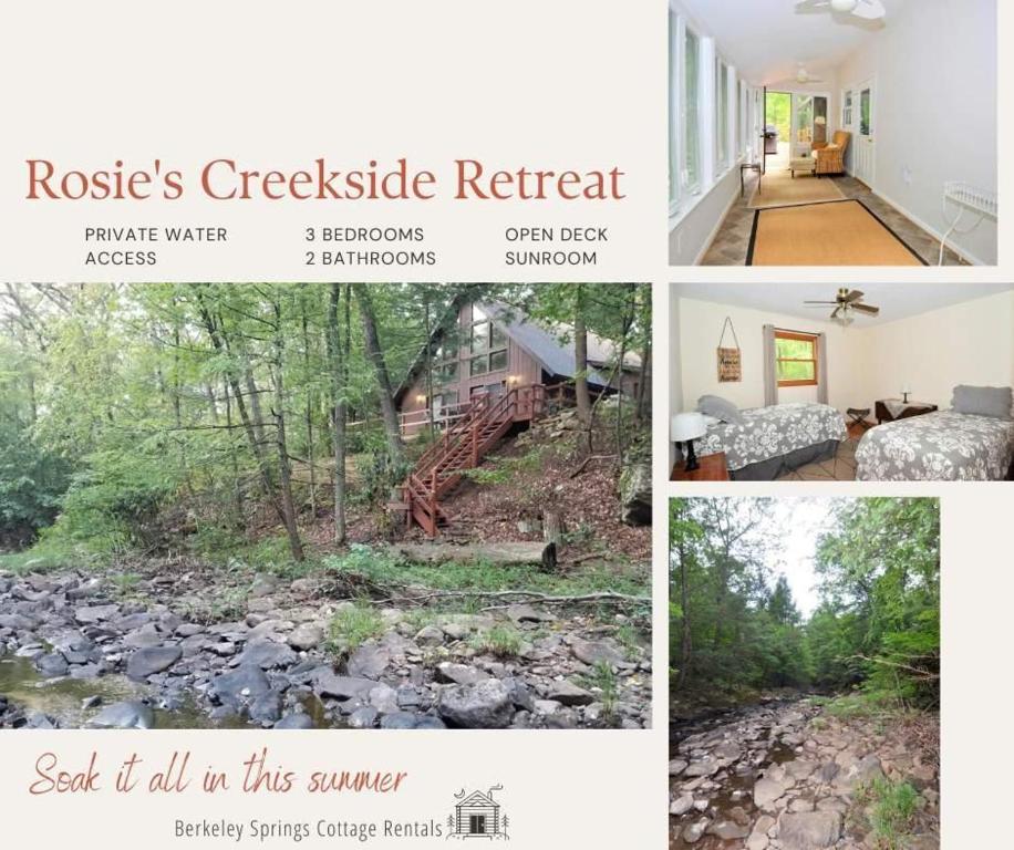 kolaż zdjęć domu i rzeki w obiekcie Rosies Creekside Retreat - 3 BR Escape! w mieście Mount Trimble