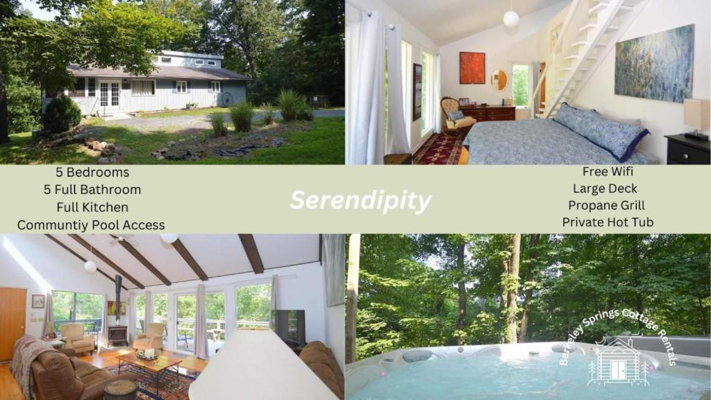 a collage of two pictures of a house at Serendipity -- Hot Tub - Pet Friendly - Fire Pit - Grill - Porch - Deck - Wifi - Pool Access - Games in Berkeley Springs