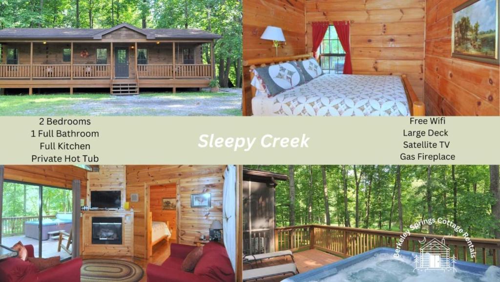 two pictures of a log cabin with a bed and a hot tub at Sleepy Creek - Creekside Escape in Berkeley Springs