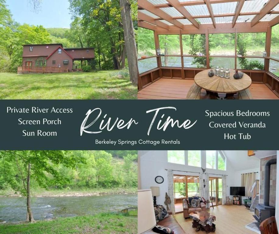a collage of two pictures of a house at River Time Cabin -Time floats away! in Berkeley Springs