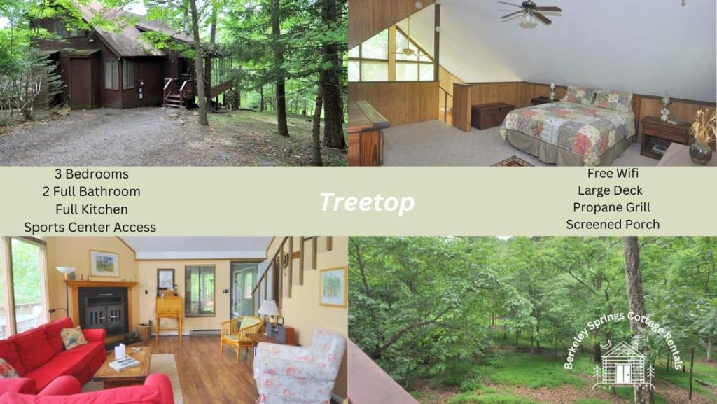 two pictures of a living room and a house at Treetop Cabin in Hedgesville