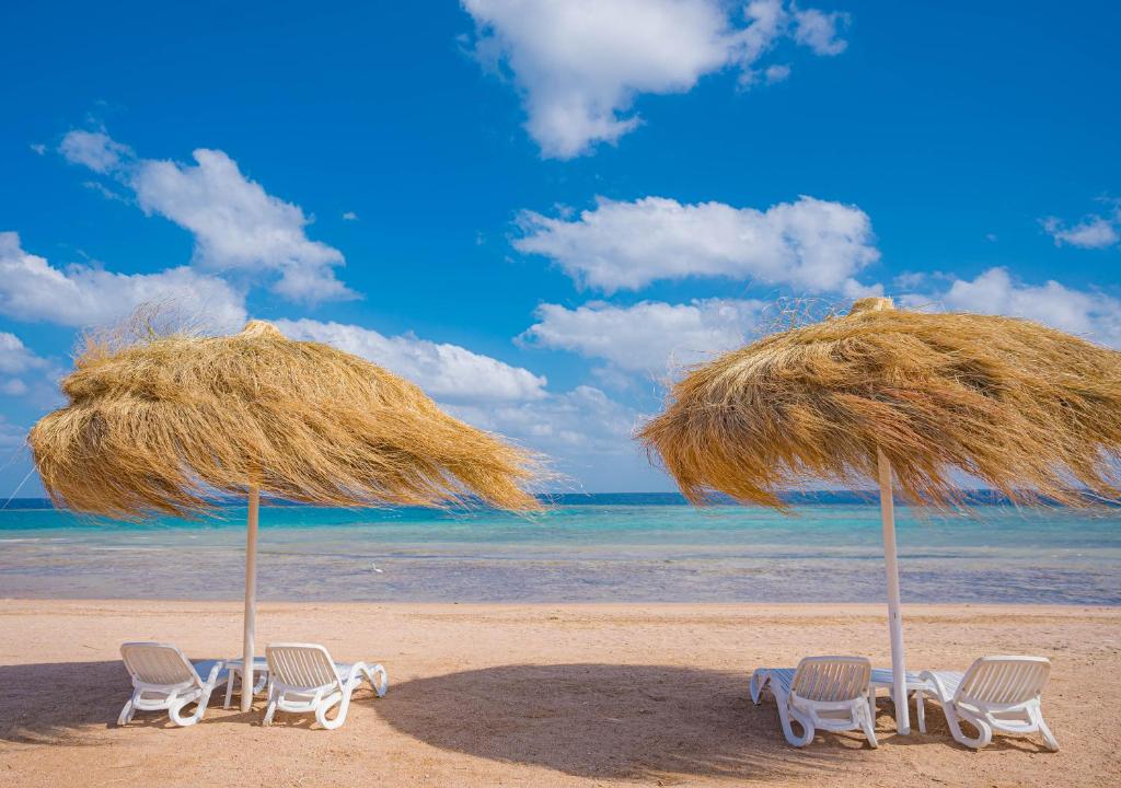 a group of chairs and umbrellas on a beach at SENTIDO Reef Oasis Suakin Resort in Marsa Alam City