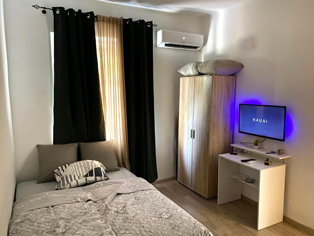 een slaapkamer met een bed en een bureau met een televisie bij Center Studio Apartment Podgorica in Podgorica