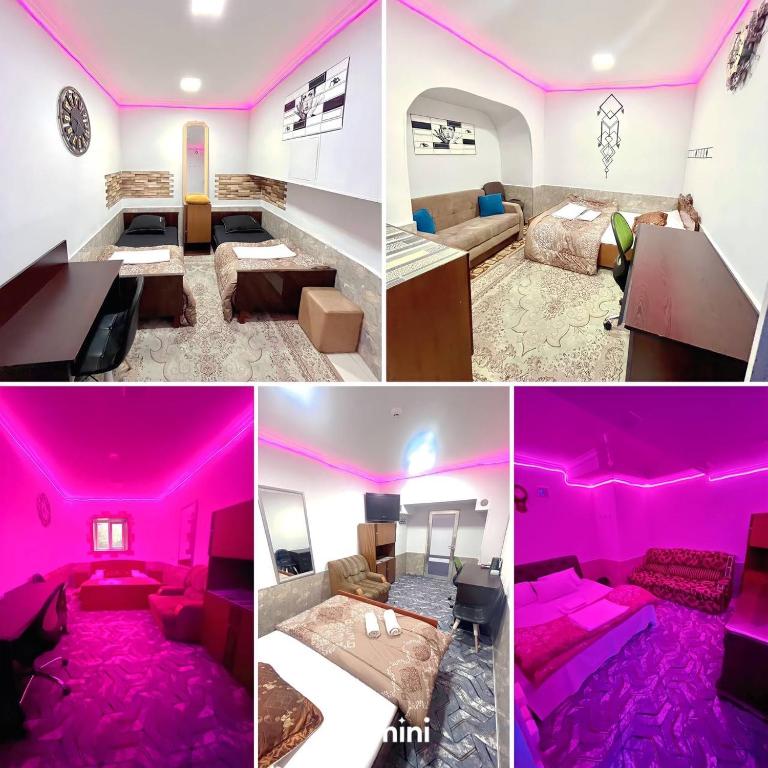 a collage of photos of a room with pink lighting at Maria Hostel in Yerevan