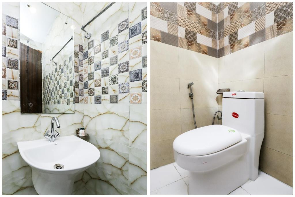 two pictures of a bathroom with a toilet and a sink at Hotel Ambience Palace Near IGI Airport Delhi in New Delhi