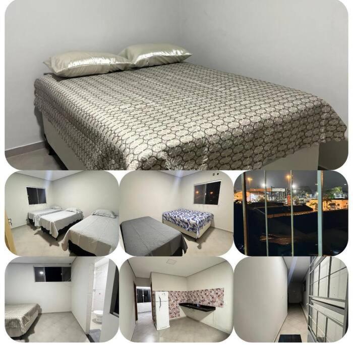 eine Collage mit Fotos von einem Schlafzimmer und einem Bett in der Unterkunft Apartamento com vista para palco festival in Chapada dos Guimarães