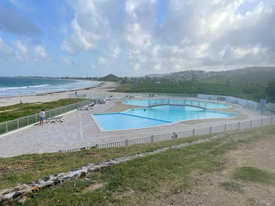 two swimming pools on a beach next to the ocean at Studio Tamarin in Saint Martin