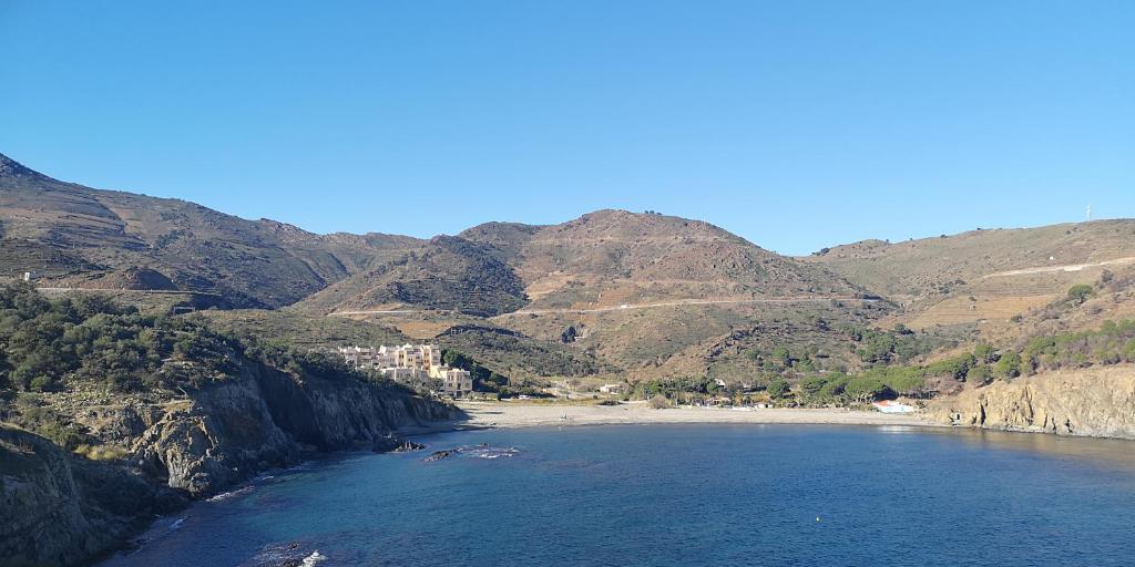 a view of a beach with mountains in the background at Lovely 1-Bed Apartment literally on the beach in Cerbère