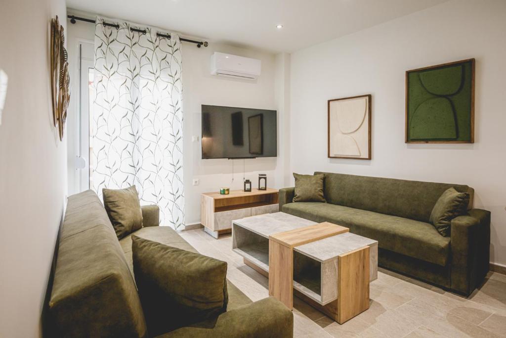 Καλλιστώ apartments في نافبليو: غرفة معيشة مع كنبتين وتلفزيون