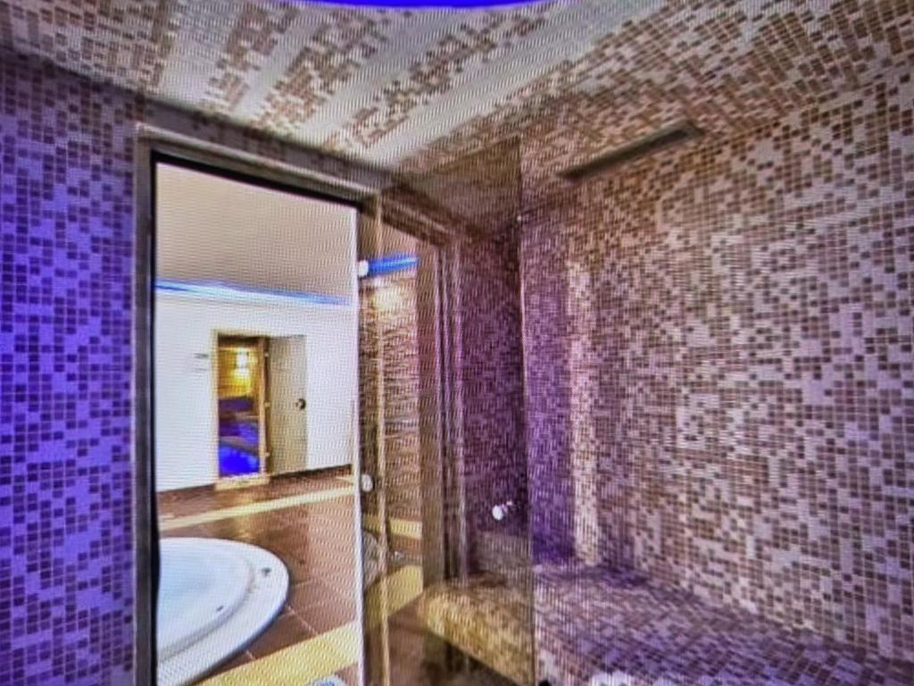 a bathroom with a purple tiled wall with a sink at Apartmansko naselje DVORI in Kopaonik