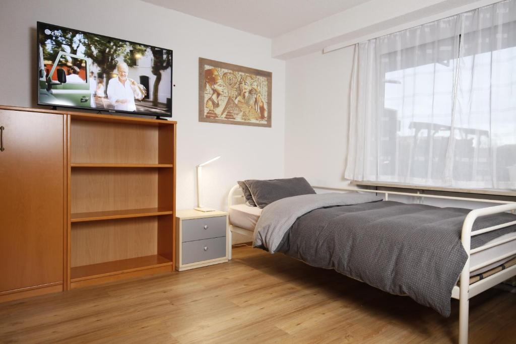 a bedroom with a bed and a flat screen tv at Appartment mit Parkplatz in Würzburg