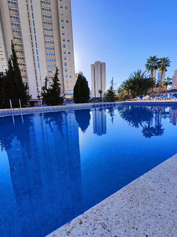 a large blue swimming pool in front of tall buildings at Piso Lux Mar in Benidorm
